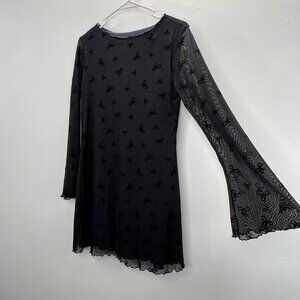 See You Monday Mesh Mini Dress L Black Velvet Bows Bell Sleeve Pullover Stretch